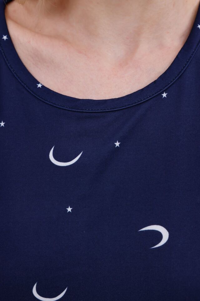 Yumuşak Dokulu Rahat Kalıp Uzun Kollu Örme Kadın Pijama Takımı Lacivert Ayyıldız - S