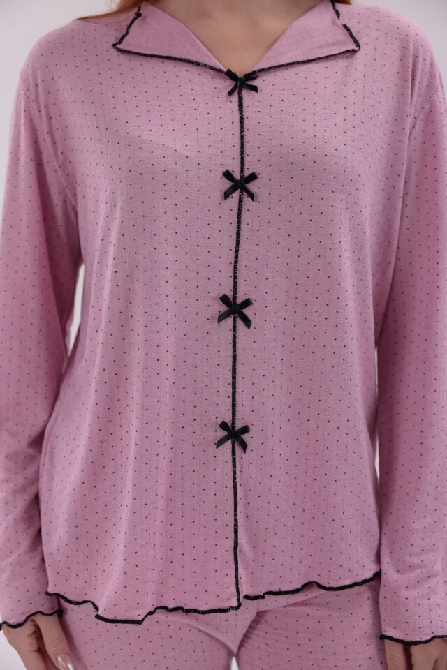 Kadın Lila Renk Puantiyeli Rahat Kalıp Yumuşak Dokulu Pamuklu Örme Kumaş Uzun Kollu Pijama Takımı
