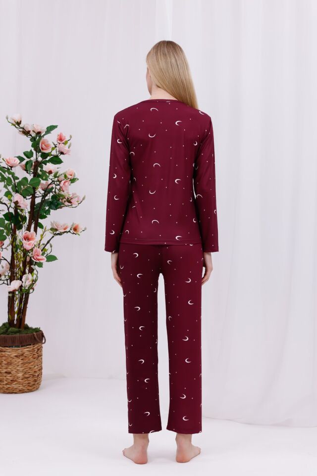 Yumuşak Dokulu Rahat Kalıp Uzun Kollu Örme Kadın Pijama Takımı Bordo Ayyıldız - L
