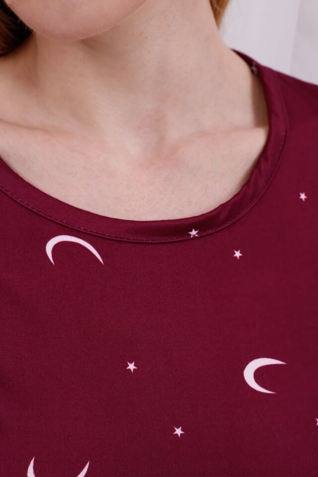 Yumuşak Dokulu Rahat Kalıp Uzun Kollu Örme Kadın Pijama Takımı Bordo Ayyıldız - 2XL