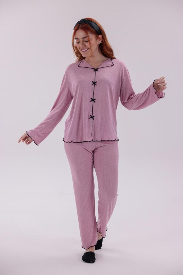 Kadın Lila Renk Puantiyeli Rahat Kalıp Yumuşak Dokulu Pamuklu Örme Kumaş Uzun Kollu Pijama Takımı 2XL - Lila Puantiye