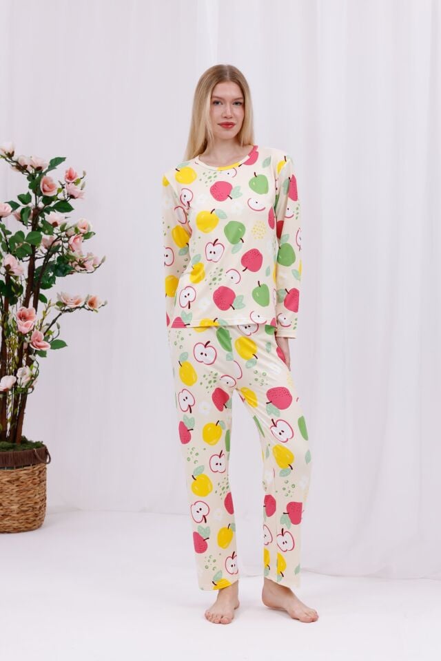 Yumuşak Dokulu Rahat Kalıp Uzun Kollu Örme Kadın Pijama Takımı Elma - 2XL