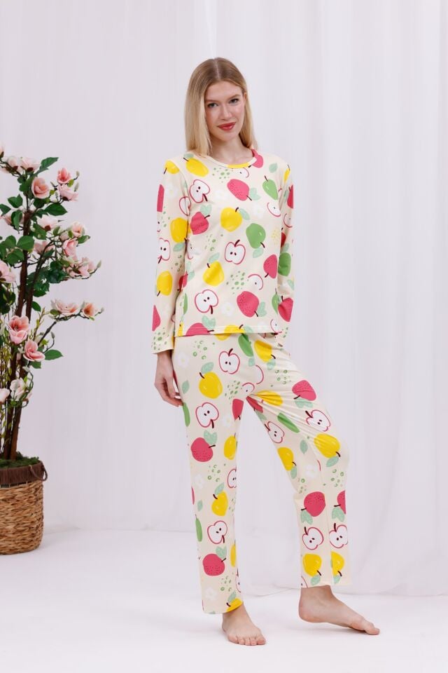 Yumuşak Dokulu Rahat Kalıp Uzun Kollu Örme Kadın Pijama Takımı Elma - 2XL