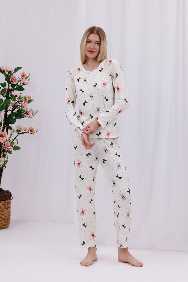 Yumuşak Dokulu Rahat Kalıp Uzun Kollu Örme Kadın Pijama Takımı Kurdele Ayı - M