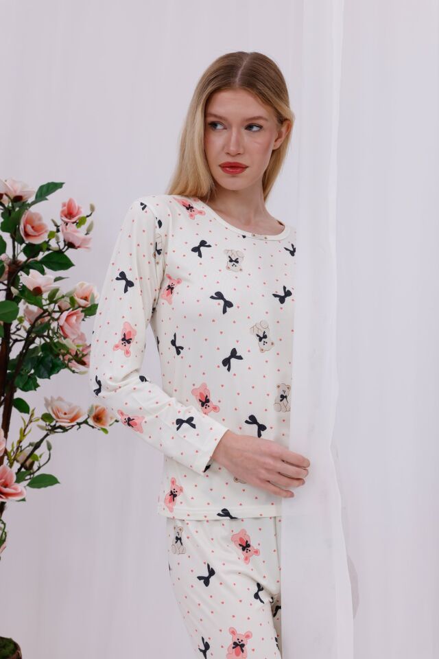 Yumuşak Dokulu Rahat Kalıp Uzun Kollu Örme Kadın Pijama Takımı Kurdele Ayı - 2XL