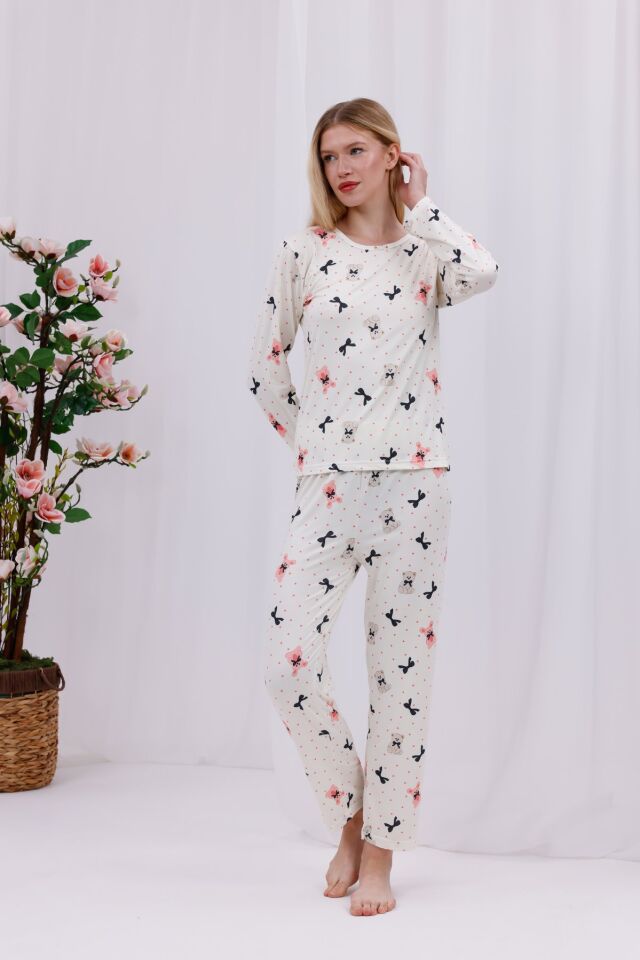 Yumuşak Dokulu Rahat Kalıp Uzun Kollu Örme Kadın Pijama Takımı Kurdele Ayı - 2XL