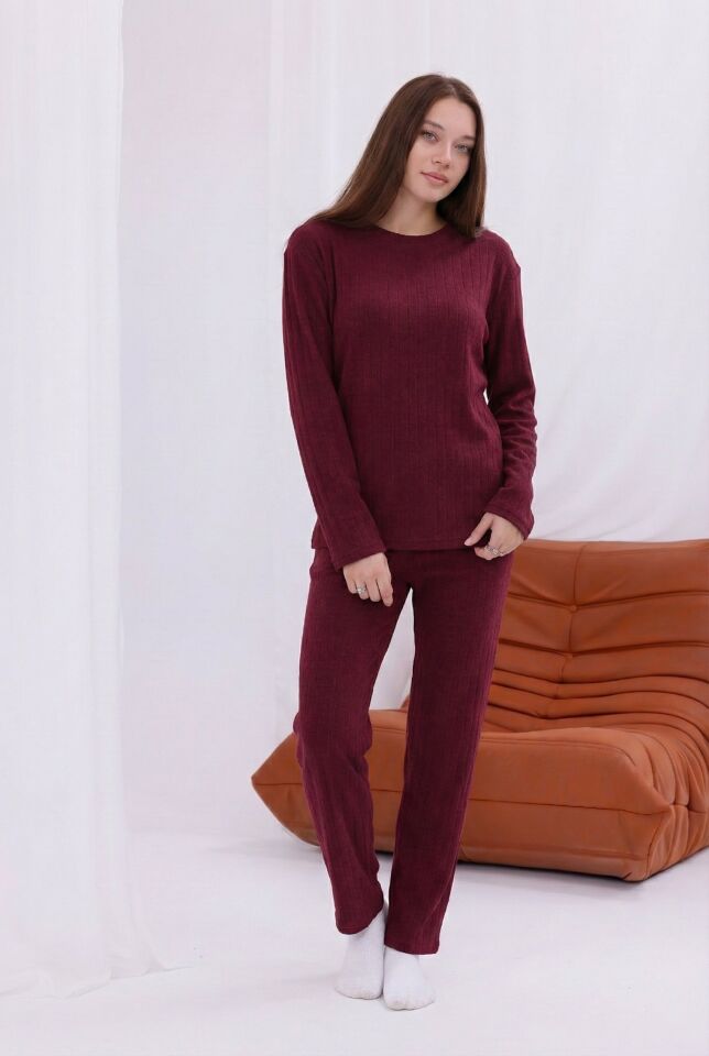 Kadın Desenli Yumuşak Dokulu Şardonlu Fitilli Kışlık Pamuklu Uzun Kol Rahat Kalıp Kadın Pijama Takımı Mürdüm - XL