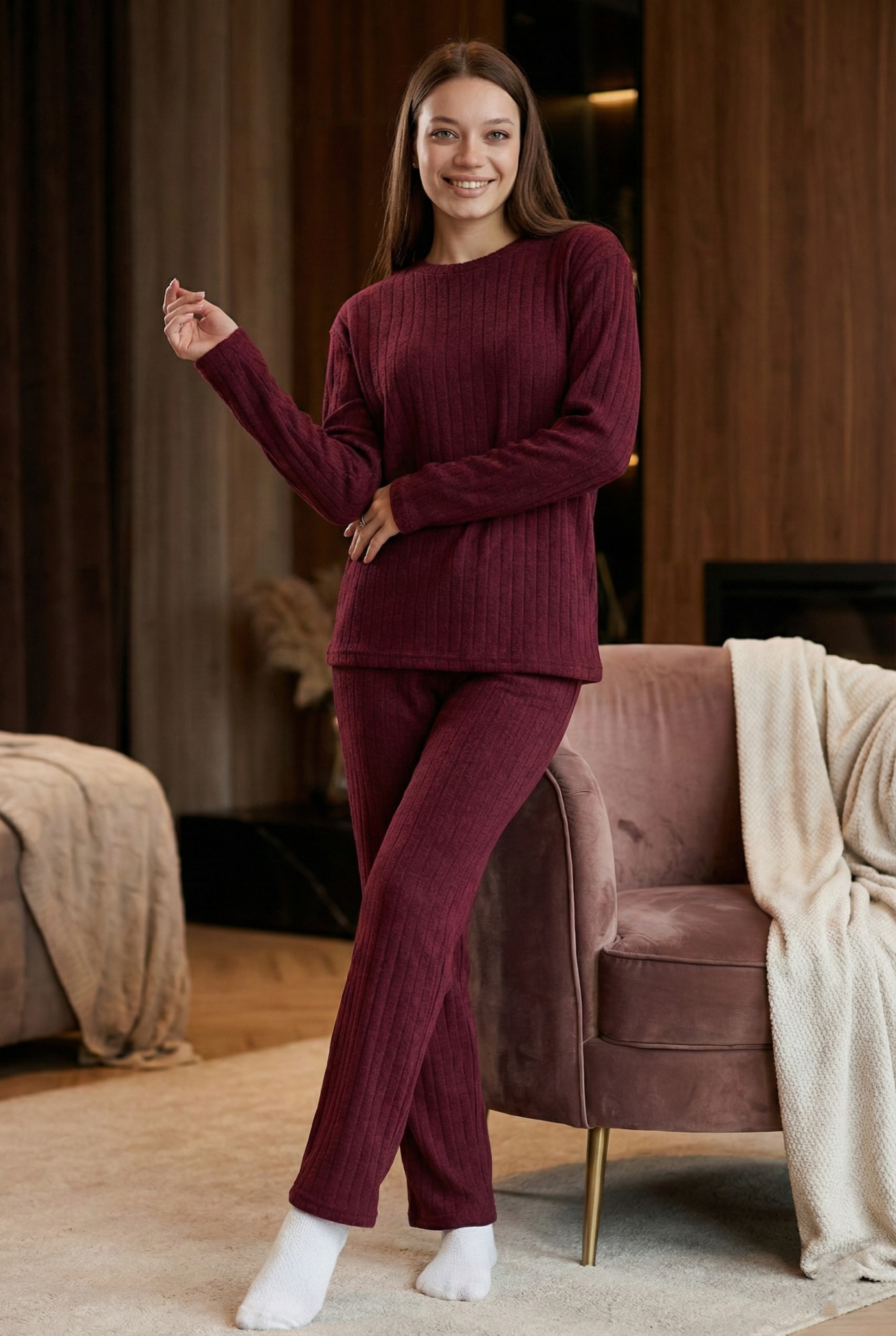 Kadın Desenli Yumuşak Dokulu Şardonlu Fitilli Kışlık Pamuklu Uzun Kol Rahat Kalıp Kadın Pijama Takımı Mürdüm - 2XL