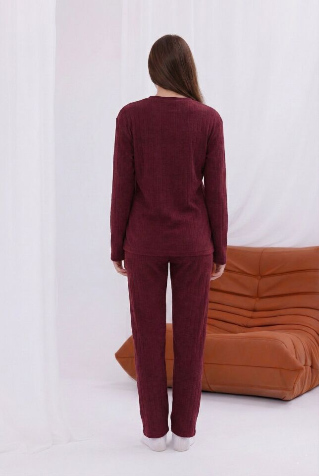 Kadın Desenli Yumuşak Dokulu Şardonlu Fitilli Kışlık Pamuklu Uzun Kol Rahat Kalıp Kadın Pijama Takımı Mürdüm - 2XL