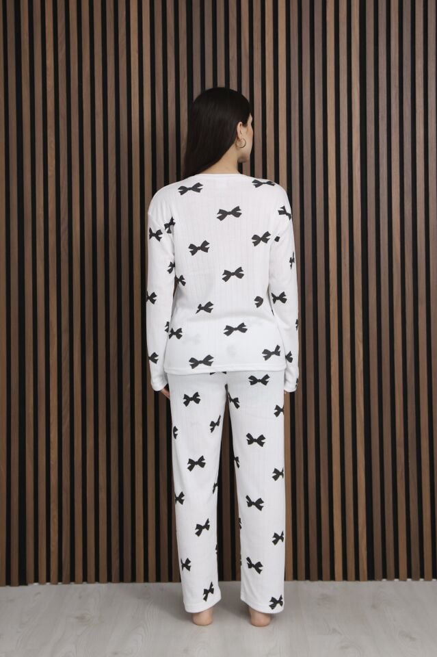 Kadın Desenli Yumuşak Dokulu Şardonlu Fitilli Kışlık Pamuklu Uzun Kol Rahat Kalıp Kadın Pijama Takımı Siyah Kurdele - 2XL