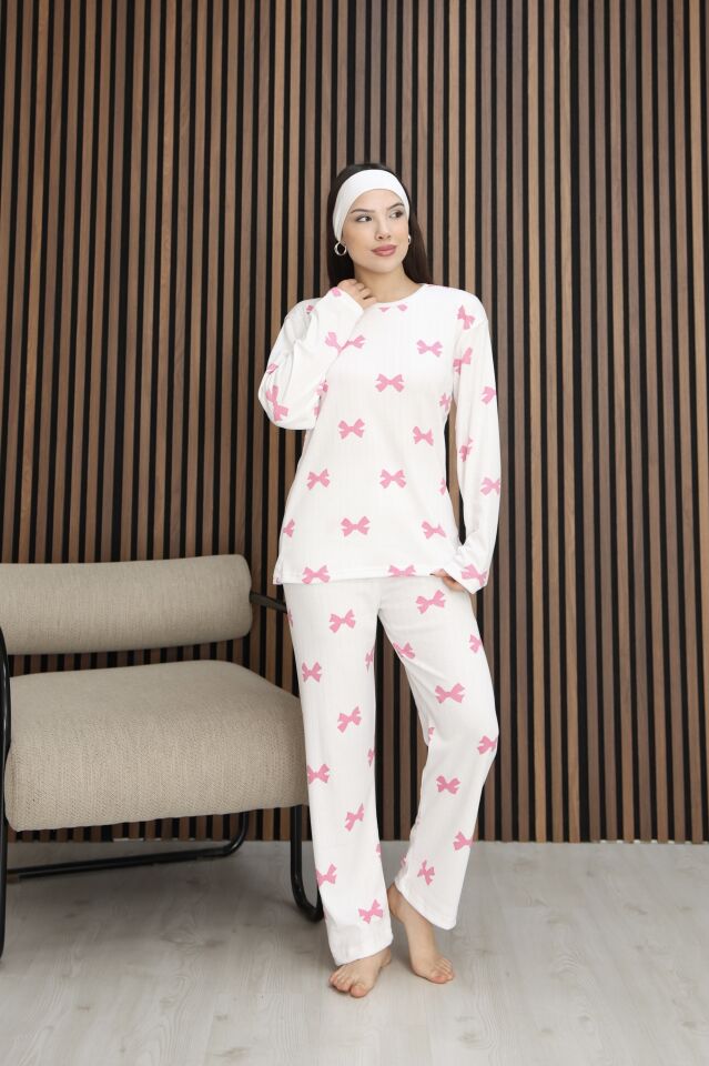 Kadın Desenli Yumuşak Dokulu Şardonlu Fitilli Kışlık Pamuklu Uzun Kol Rahat Kalıp Kadın Pijama Takımı Fuşya Kurdele - M