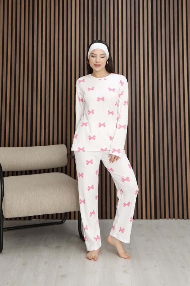 Kadın Desenli Yumuşak Dokulu Şardonlu Fitilli Kışlık Pamuklu Uzun Kol Rahat Kalıp Kadın Pijama Takımı Fuşya Kurdele - 2XL