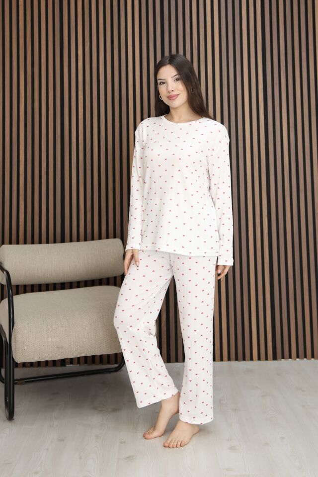 Kadın Desenli Yumuşak Dokulu Şardonlu Fitilli Kışlık Pamuklu Uzun Kol Rahat Kalıp Kadın Pijama Takımı Kırmızı Kalp - S