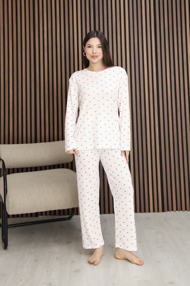Kadın Desenli Yumuşak Dokulu Şardonlu Fitilli Kışlık Pamuklu Uzun Kol Rahat Kalıp Kadın Pijama Takımı Kırmızı Kalp - 2XL