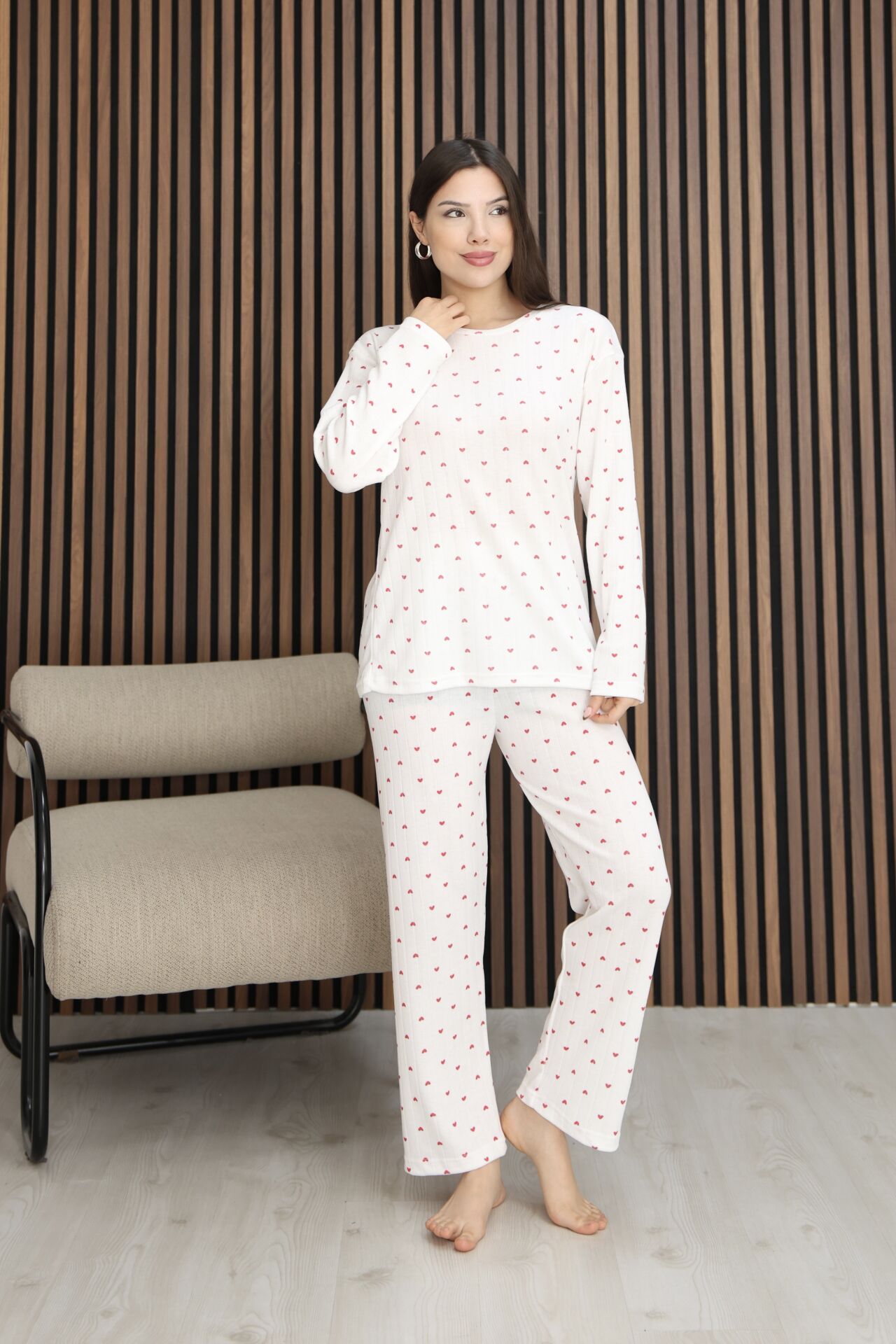 Kadın Desenli Yumuşak Dokulu Şardonlu Fitilli Kışlık Pamuklu Uzun Kol Rahat Kalıp Kadın Pijama Takımı Kırmızı Kalp - 2XL