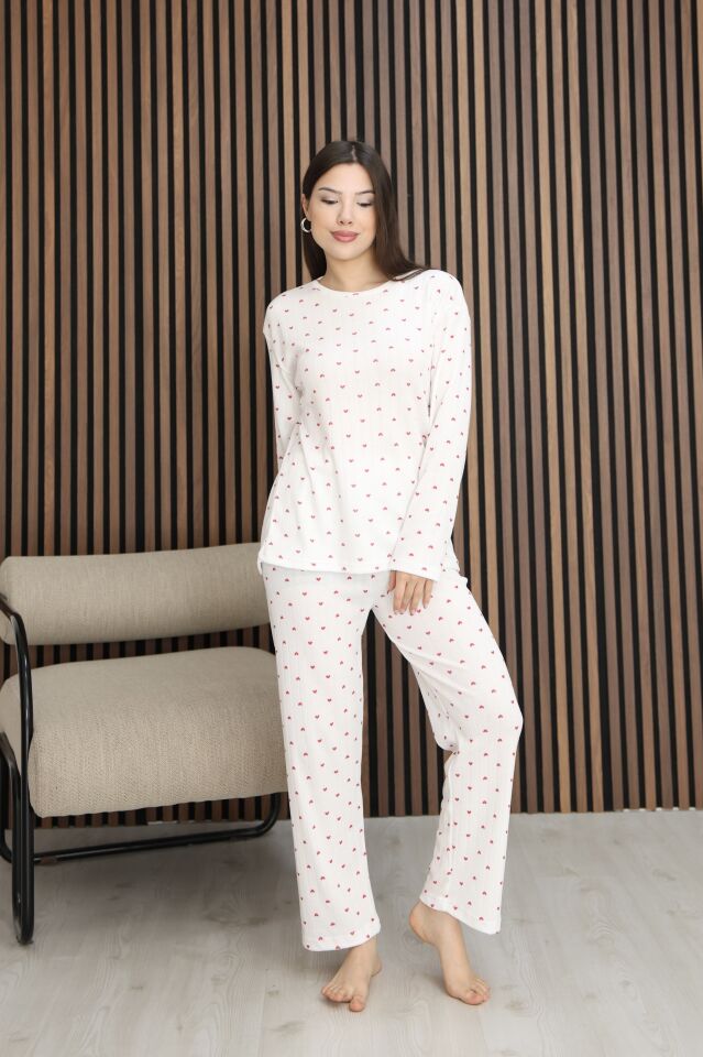 Kadın Desenli Yumuşak Dokulu Şardonlu Fitilli Kışlık Pamuklu Uzun Kol Rahat Kalıp Kadın Pijama Takımı Kırmızı Kalp - 2XL