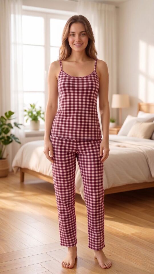 Kadın Mor Pötikare Baskılı Yumuşak İpeksi Doku Esnek Pamuklu İp Askılı Pijama Takımı