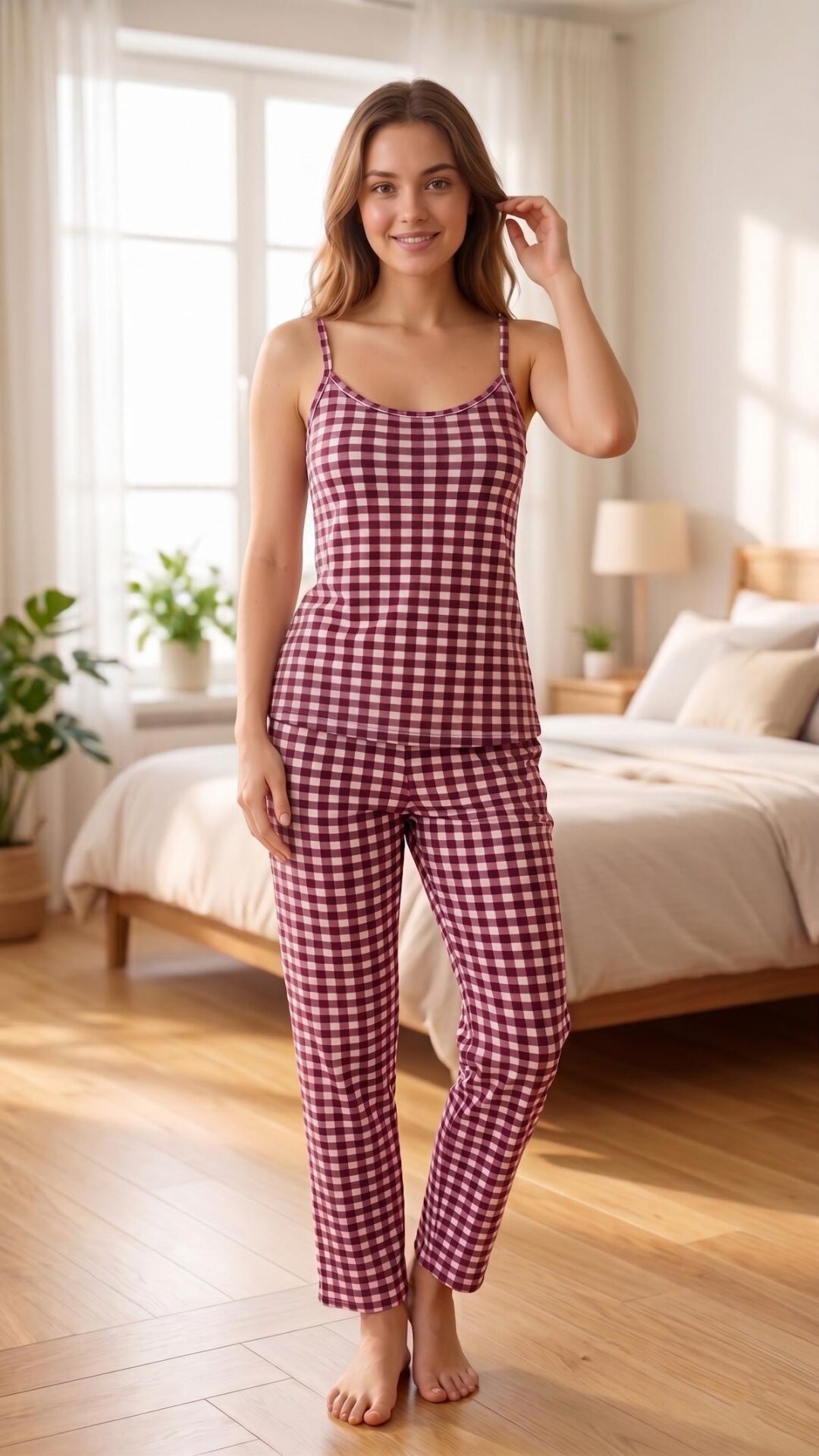 Kadın Mor Pötikare Baskılı Yumuşak İpeksi Doku Esnek Pamuklu İp Askılı Pijama Takımı
