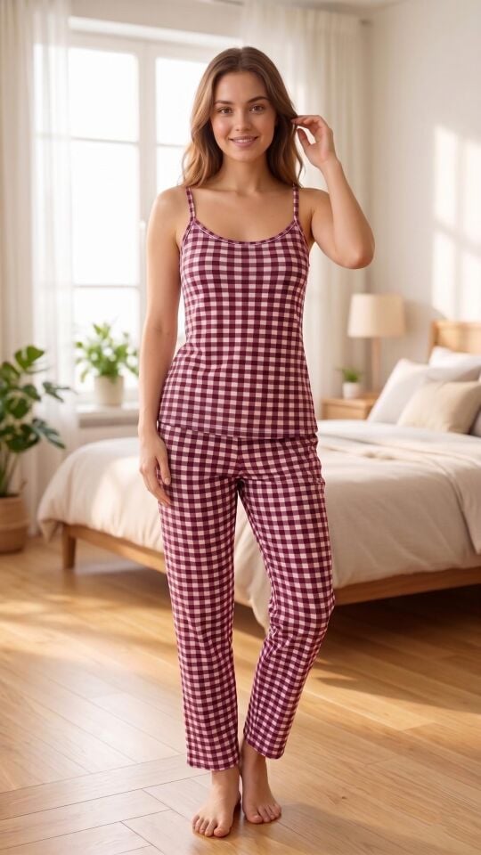 Kadın Mor Pötikare Baskılı Yumuşak İpeksi Doku Esnek Pamuklu İp Askılı Pijama Takımı