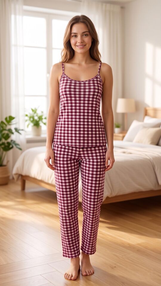 Kadın Mor Pötikare Baskılı Yumuşak İpeksi Doku Esnek Pamuklu İp Askılı Pijama Takımı