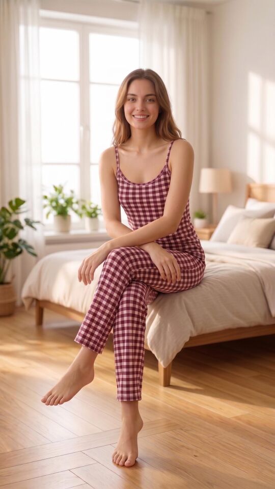 Kadın Mor Pötikare Baskılı Yumuşak İpeksi Doku Esnek Pamuklu İp Askılı Pijama Takımı
