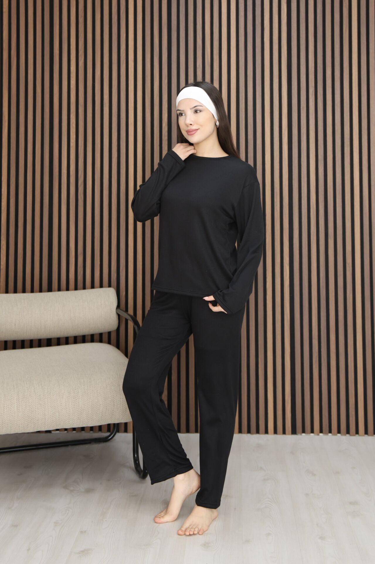 Kışlık Kadın Kadife Pijama Takımı Yumuşak Dokulu Uzun Kollu Rahat Kalıp Siyah - 2XL