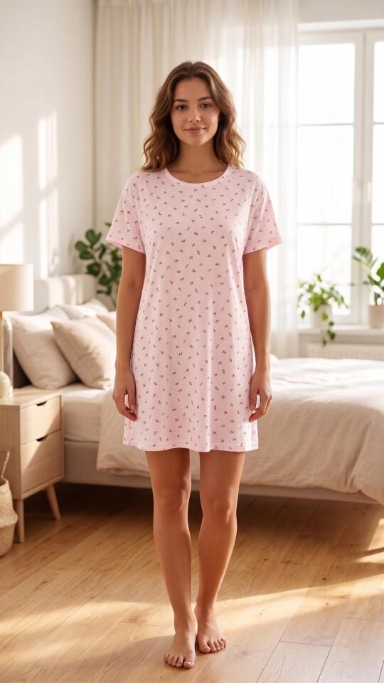 Kadın Pembe Çiçek Baskılı Yumuşak Soft Dokulu Pamuklu Kısa Kollu Gecelik Pijama