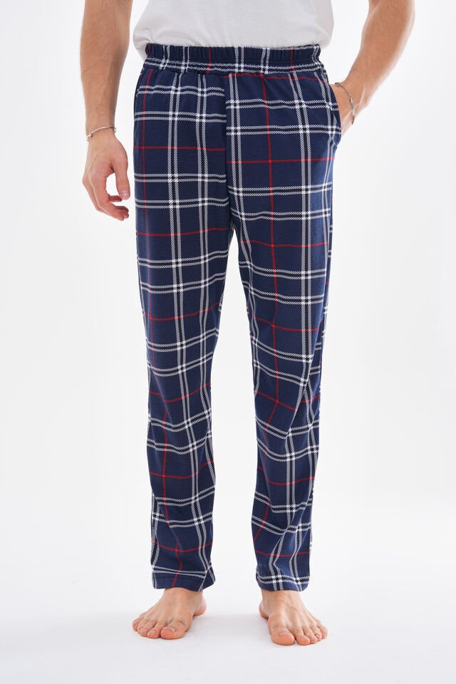 Erkek Lacivert Pamuklu Cepli Ekose Baskılı Beli Lastikli Erkek Pijama Altı (Eşofman)