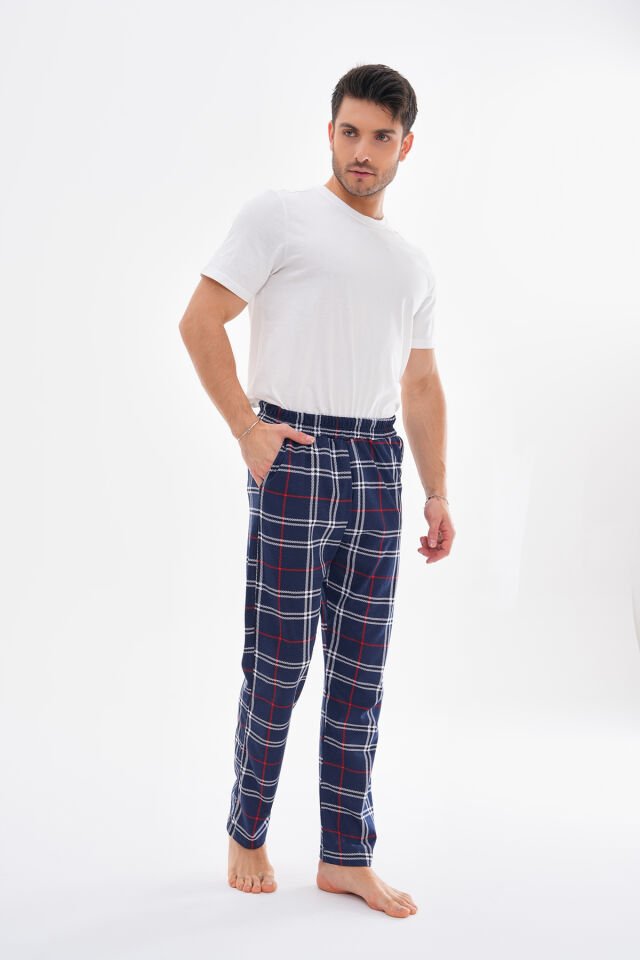 Erkek Lacivert Pamuklu Cepli Ekose Baskılı Beli Lastikli Erkek Pijama Altı (Eşofman)