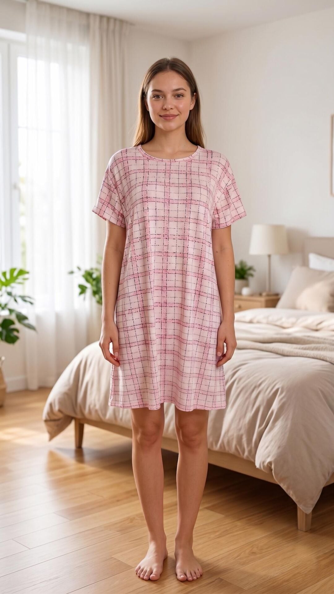 Kadın Pembe Ekose Baskılı Yumuşak Soft Dokulu Pamuklu Kısa Kollu Gecelik Pijama