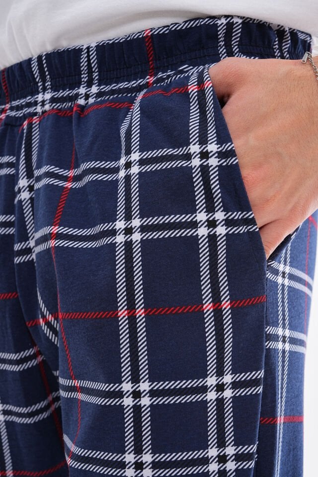 Pamuklu Cepli Ekose Baskılı Beli Lastikli Erkek Pijama Altı Eşofman Lacivert 2B Ekose - 2XL
