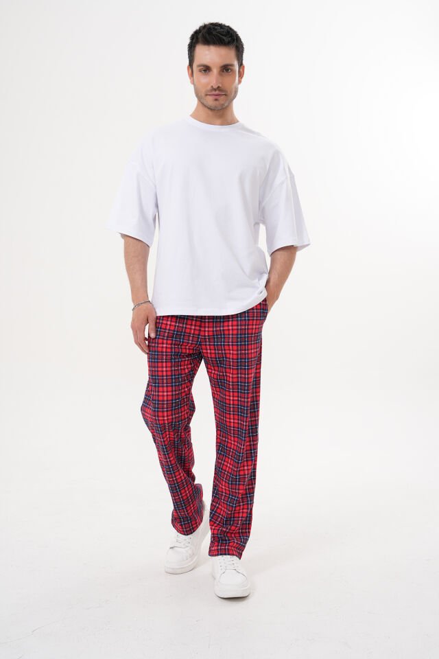 Pamuklu Cepli Ekose Baskılı Beli Lastikli Erkek Pijama Altı Eşofman K.Kırmızı Ekose - 2XL