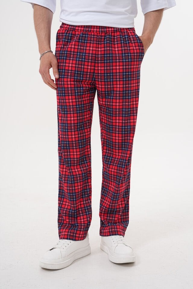 Pamuklu Cepli Ekose Baskılı Beli Lastikli Erkek Pijama Altı Eşofman K.Kırmızı Ekose - 3XL