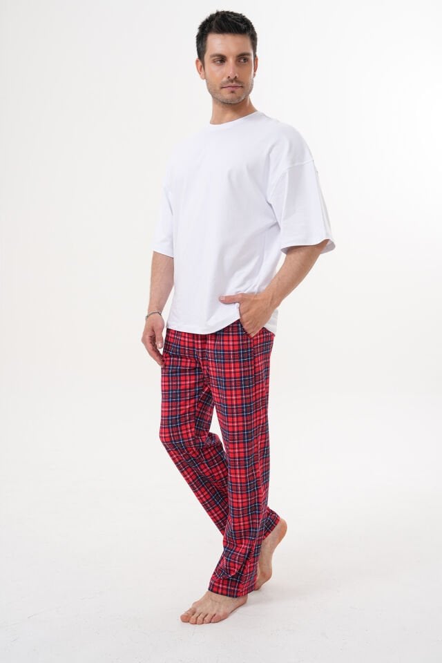 Pamuklu Cepli Ekose Baskılı Beli Lastikli Erkek Pijama Altı Eşofman K.Kırmızı Ekose - 3XL
