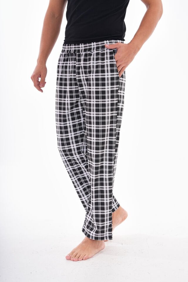 Pamuklu Cepli Ekose Baskılı Beli Lastikli Erkek Pijama Altı Eşofman Siyah-Beyaz Ekose - S