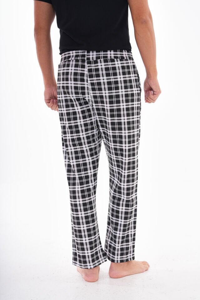 Pamuklu Cepli Ekose Baskılı Beli Lastikli Erkek Pijama Altı Eşofman Siyah-Beyaz Ekose - S