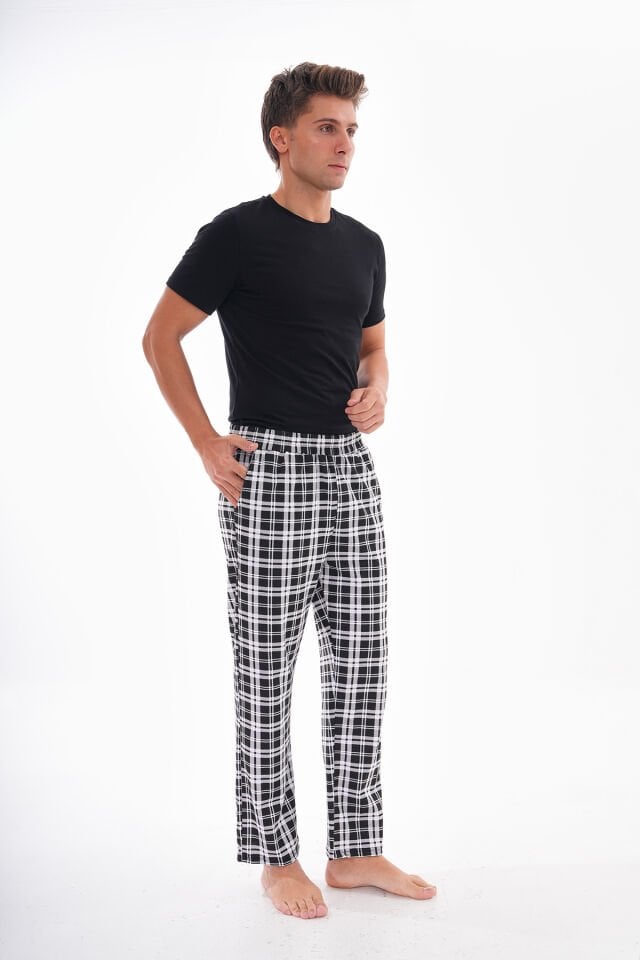 Pamuklu Cepli Ekose Baskılı Beli Lastikli Erkek Pijama Altı Eşofman Siyah-Beyaz Ekose - S