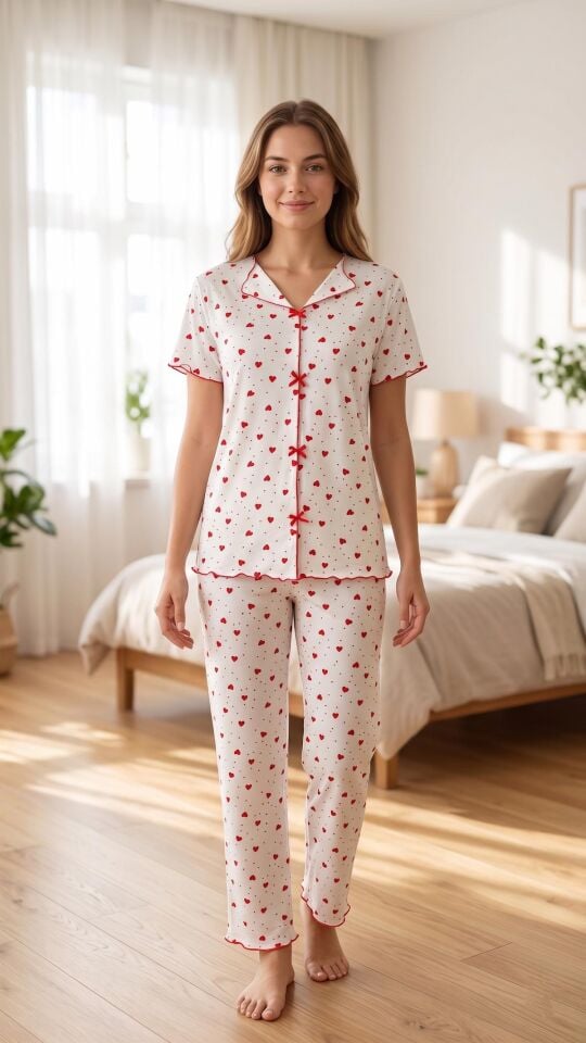 Kadın Kırmızı Kalp Desenli Yumuşak Soft İpeksi Doku Rahat Kalıp Kısa Kollu Pijama Takımı