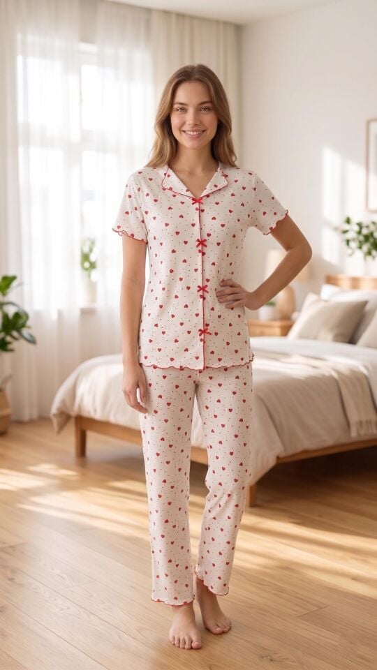 Kadın Kırmızı Kalp Desenli Yumuşak Soft İpeksi Doku Rahat Kalıp Kısa Kollu Pijama Takımı