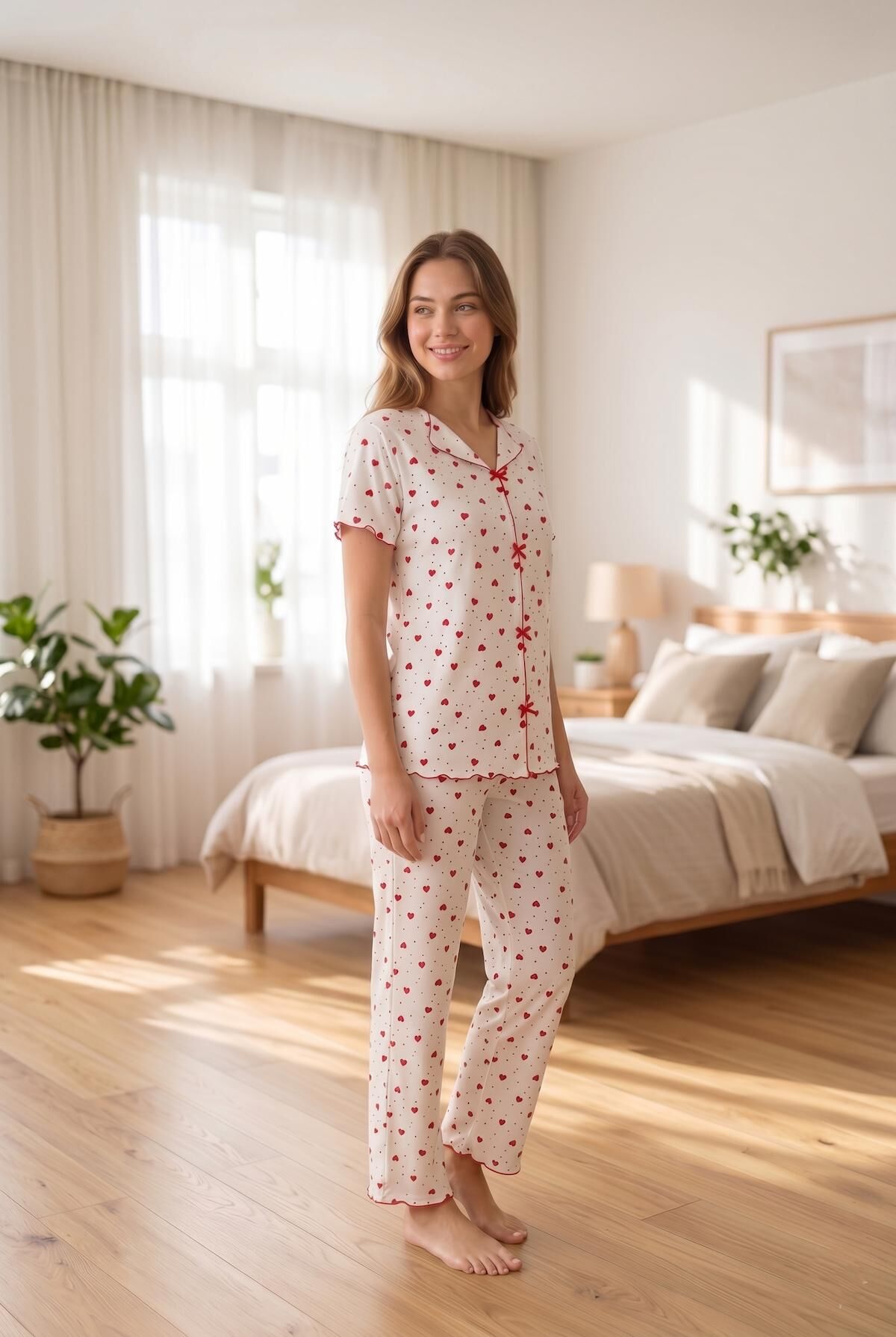 Kadın Kırmızı Kalp Desenli Yumuşak Soft İpeksi Doku Rahat Kalıp Kısa Kollu Pijama Takımı