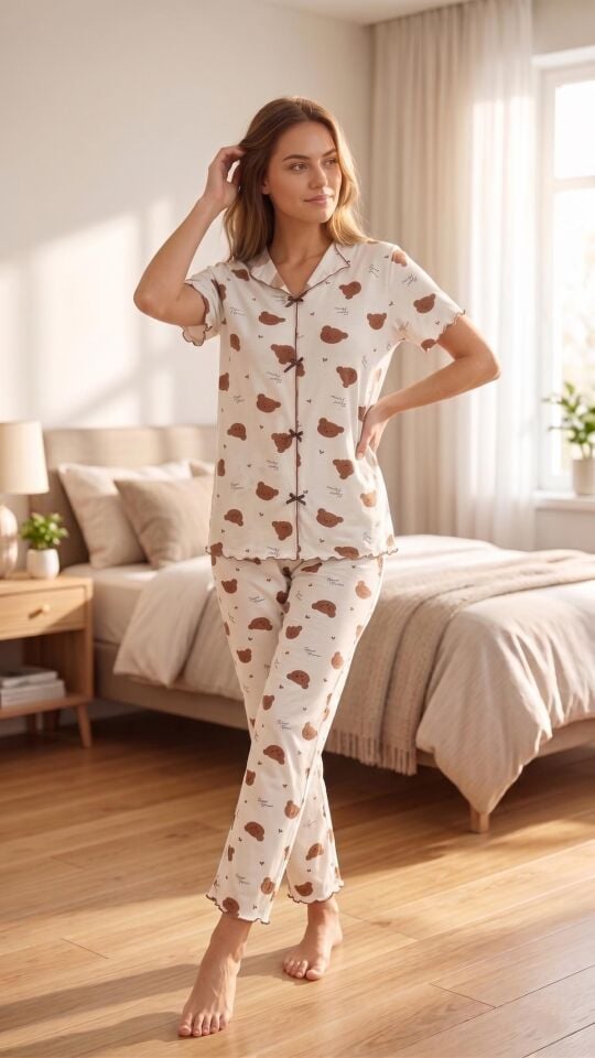 Kadın Teddy Bear Desenli Yumuşak Soft İpeksi Doku Rahat Kalıp Kısa Kollu Pijama Takımı
