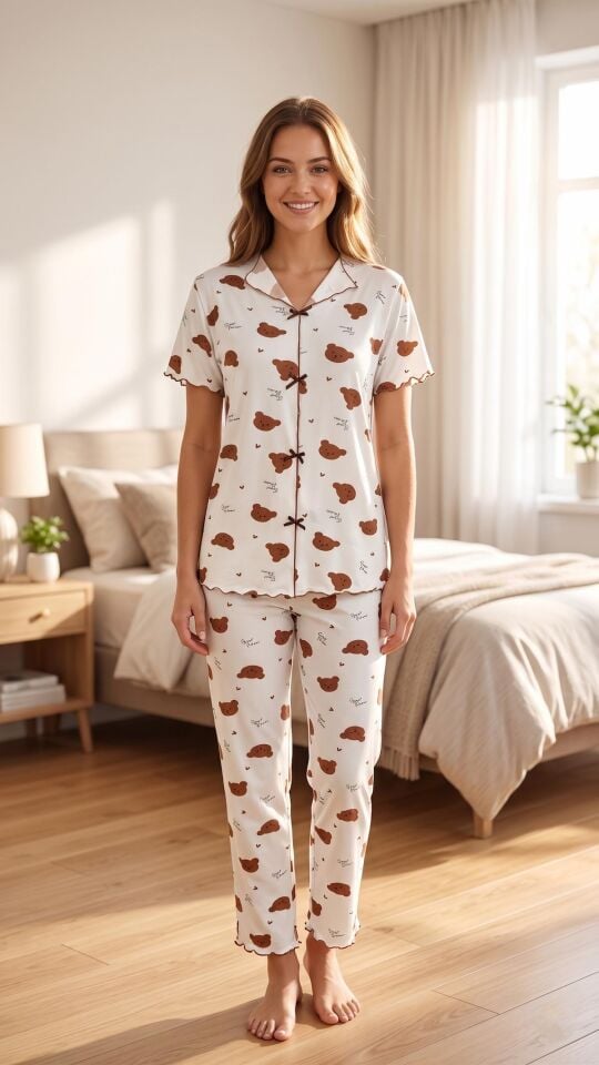 Kadın Teddy Bear Desenli Yumuşak Soft İpeksi Doku Rahat Kalıp Kısa Kollu Pijama Takımı
