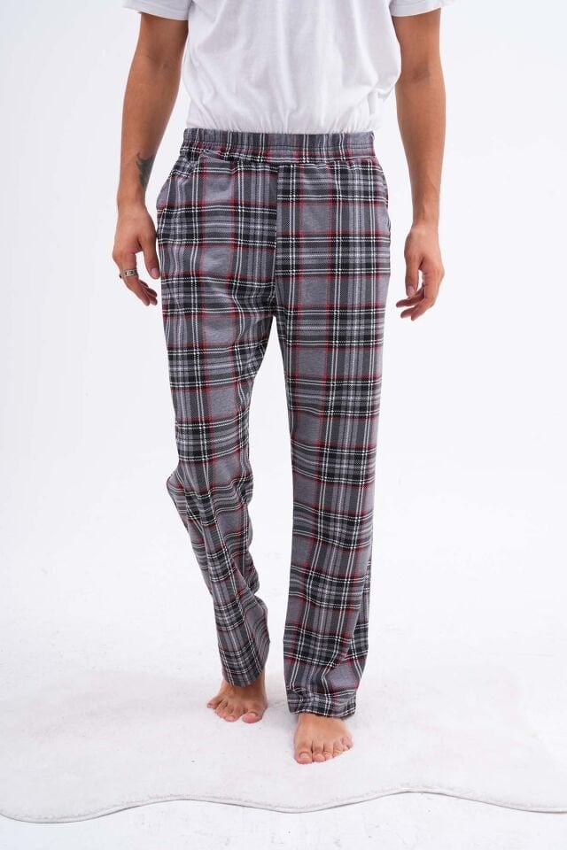 Pamuklu Cepli Ekose Baskılı Beli Lastikli Erkek Pijama Altı Eşofman Kırmızı-Gri Ekose - M