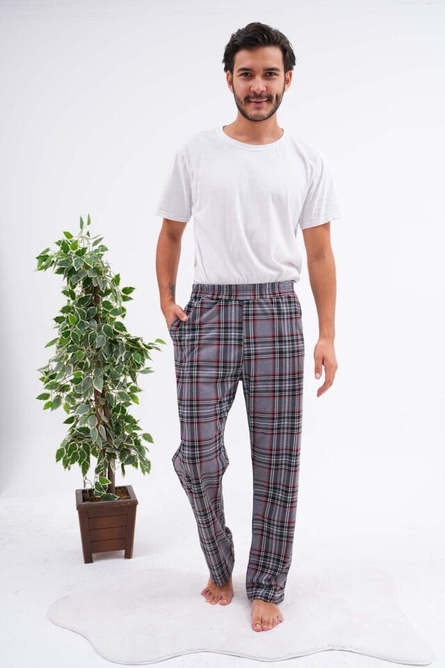 Pamuklu Cepli Ekose Baskılı Beli Lastikli Erkek Pijama Altı Eşofman Kırmızı-Gri Ekose - M