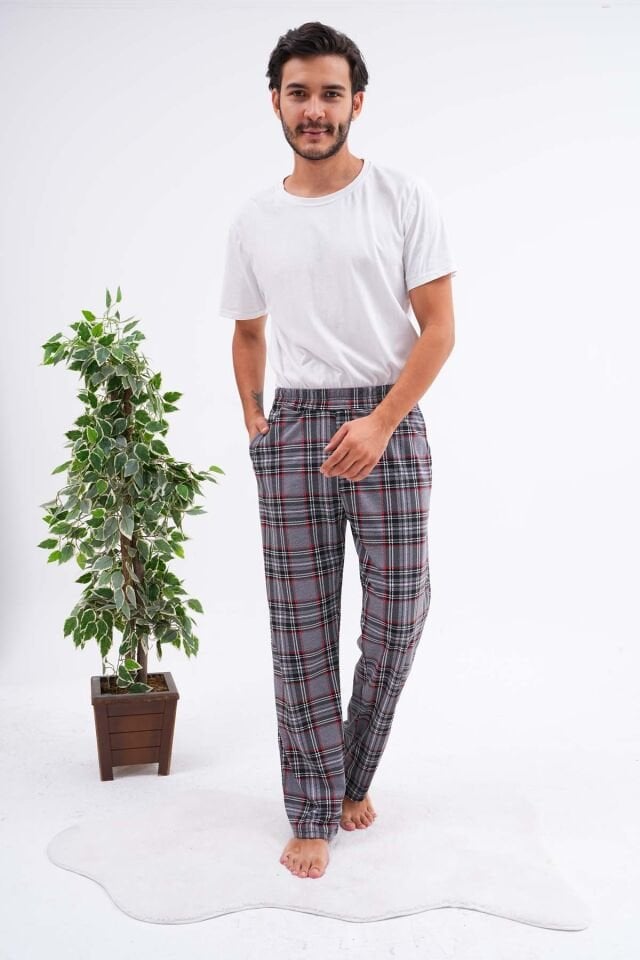 Pamuklu Cepli Ekose Baskılı Beli Lastikli Erkek Pijama Altı Eşofman Kırmızı-Gri Ekose - M