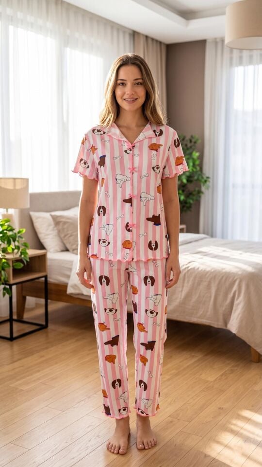 Kadın Pembe Çizgili Desenli Yumuşak Soft İpeksi Doku Rahat Kalıp Kısa Kollu Pijama Takımı