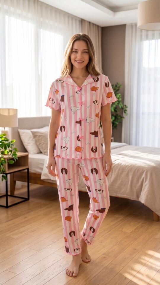 Kadın Pembe Çizgili Desenli Yumuşak Soft İpeksi Doku Rahat Kalıp Kısa Kollu Pijama Takımı