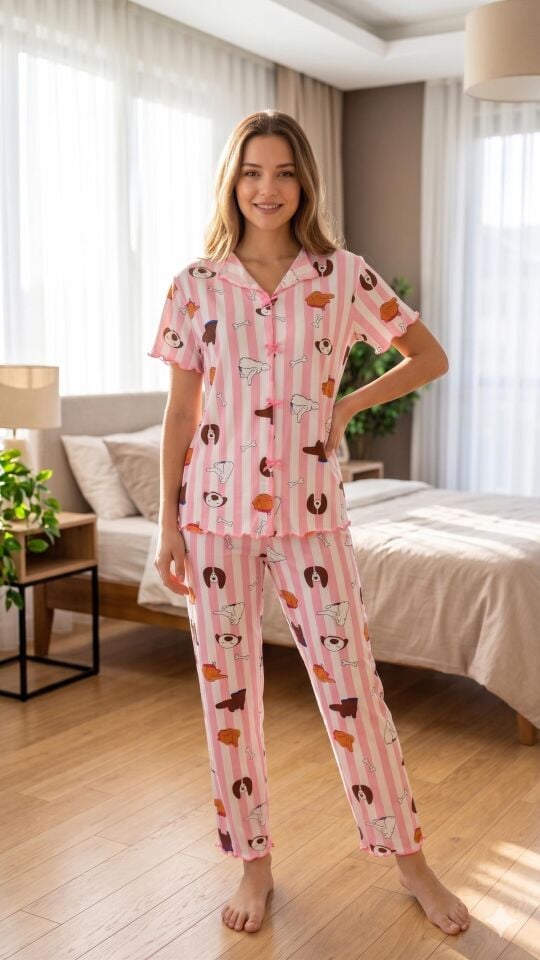 Kadın Pembe Çizgili Desenli Yumuşak Soft İpeksi Doku Rahat Kalıp Kısa Kollu Pijama Takımı