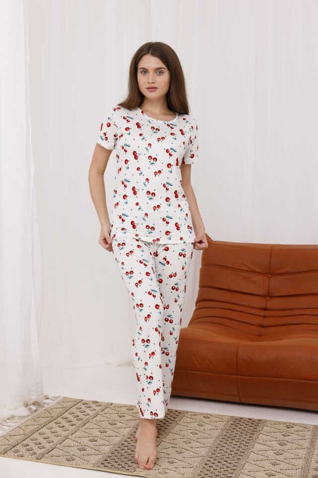 Kadın Baskılı Yumuşak Dokulu Milan Örme Kısa Kollu Pijama Takımı 2XL - Kiraz