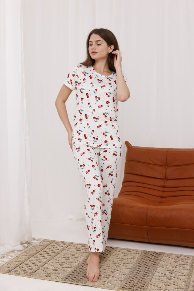 Kadın Baskılı Yumuşak Dokulu Milan Örme Kısa Kollu Pijama Takımı 2XL - Kiraz